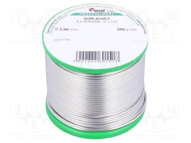 Soldering wire; Sn99,3Cu0,7; 1.5mm; 500g; lead free; Package: reel