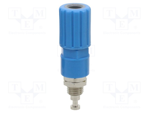 Socket; 4mm banana; 36A; blue; nickel plated; on panel,screw; 8mm