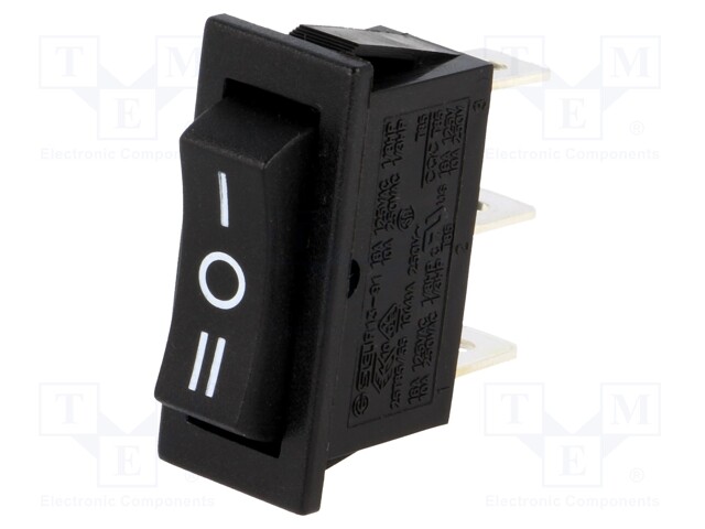 ROCKER; SP3T; Pos: 3; ON-OFF-ON; 10A/250VAC; black; none; 50mΩ