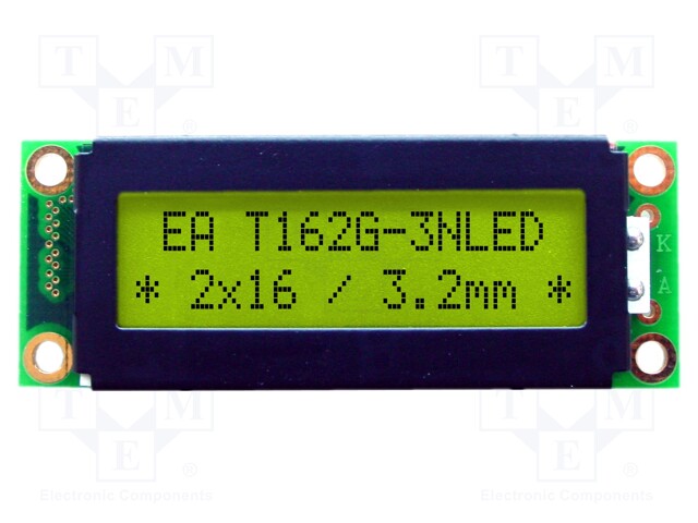 Display: LCD; alphanumeric; STN Positive; 16x2; yellow-green; LED