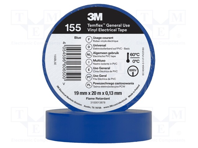 Tape: electrical insulating; W: 19mm; L: 20m; Thk: 0.13mm; blue; 150%