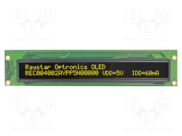 Display: OLED; alphanumeric; 40x2; Dim: 182x38.5x9.3mm; yellow