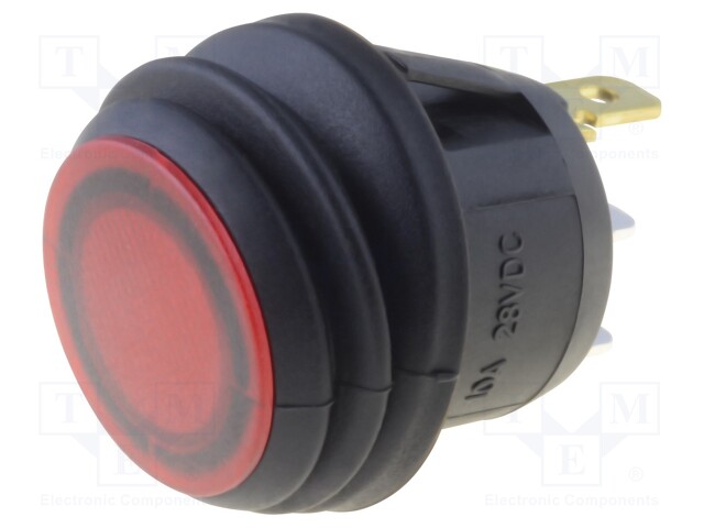 ROCKER; SPST; Pos: 2; OFF-(ON); 10A/28VDC; red; IP65; LED 28VDC; 50mΩ