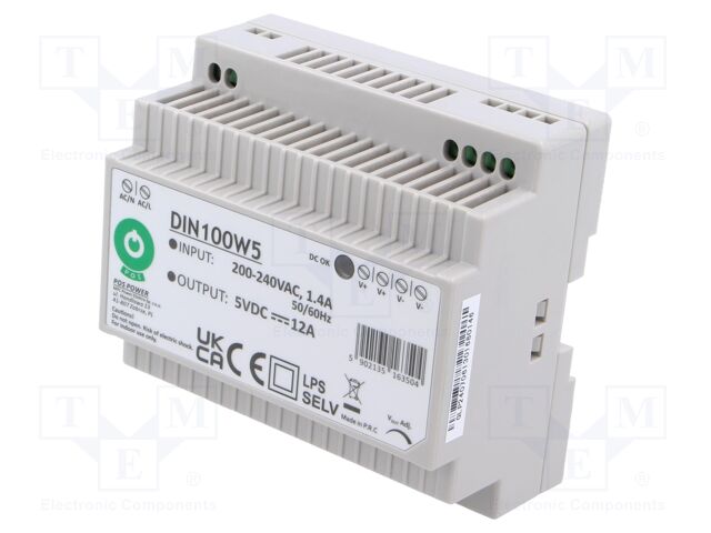 Power supply: switching; for DIN rail; 60W; 5VDC; 12A; 180÷264VAC