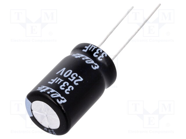 Capacitor: electrolytic; THT; 33uF; 250VDC; Ø12.5x20mm; Pitch: 5mm