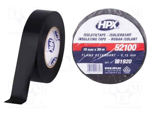 Tape: electrical insulating; W: 19mm; L: 20m; D: 0.15mm; black; 125%