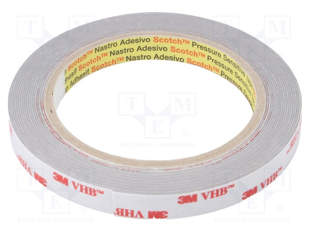 Tape: fixing; W: 12mm; L: 5.5m; Thk: 600um; acrylic; grey; Tmax: 149°C