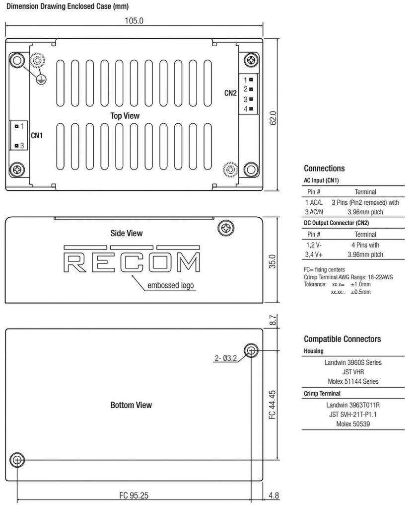 Power supply: switched-mode; modular; 150W; 12VDC; 105x62x35mm