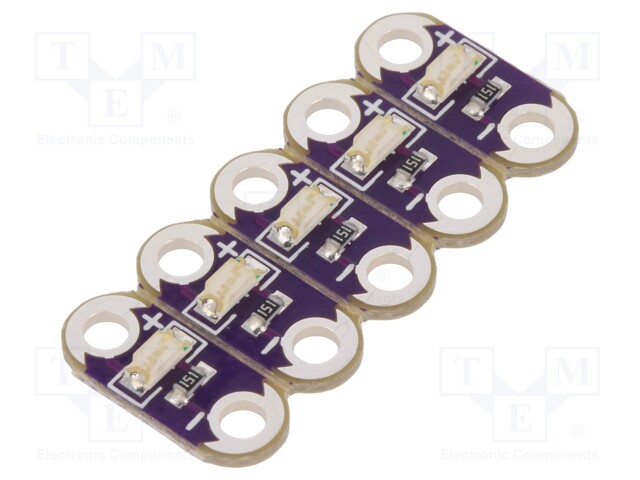 Module: LED; LilyPad; Colour: green; metalic holes; No.of diodes: 5