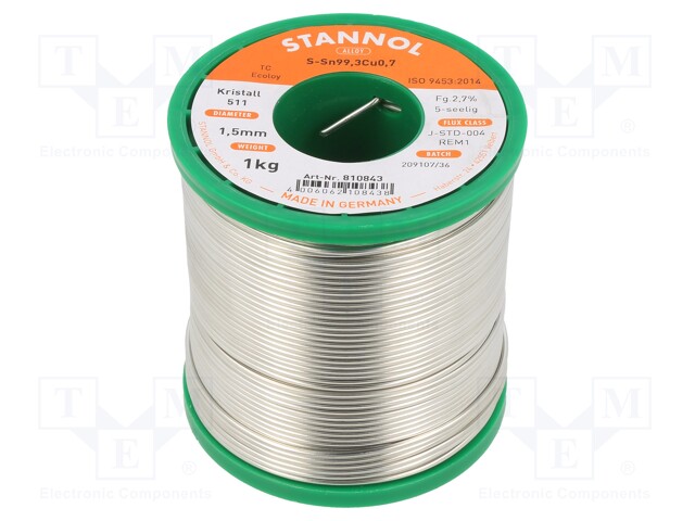 Soldering wire; Sn99Cu1; 1.5mm; 1kg; lead free; Package: reel