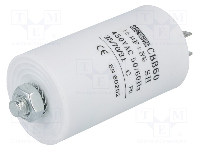 Capacitor: motors, run; 16uF; 450V; Ø40x70mm; -25÷70°C; ±5%; 3000h