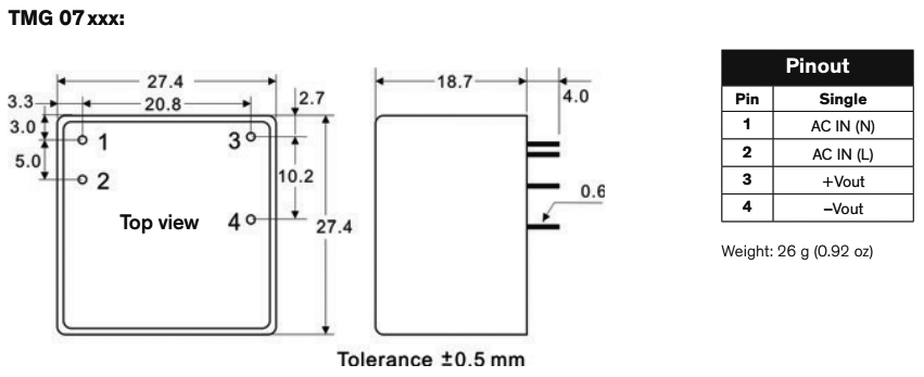 Converter: AC/DC; 7W; Uout: 15VDC; Iout: 466mA; 80%; Mounting: PCB