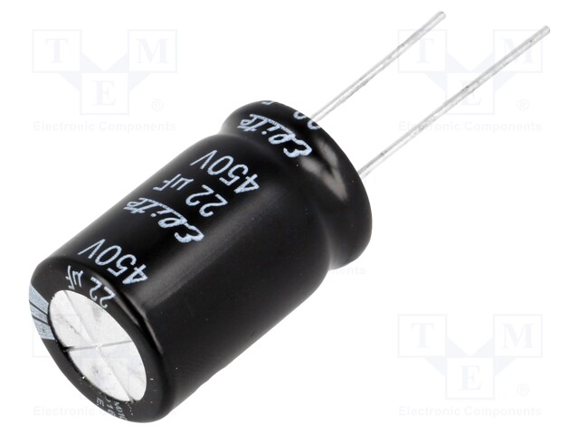 Capacitor: electrolytic; THT; 22uF; 450VDC; Ø16x25mm; Pitch: 7.5mm