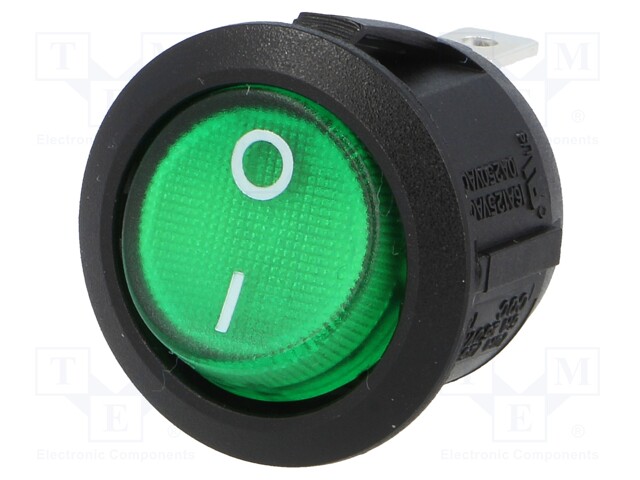 ROCKER; SPST; Pos: 2; OFF-ON; 10A/250VAC; green; neon lamp 230V