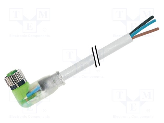 Connection lead; M8; PIN: 3; angled; 10m; plug; 30VAC; 4A; -30÷80°C