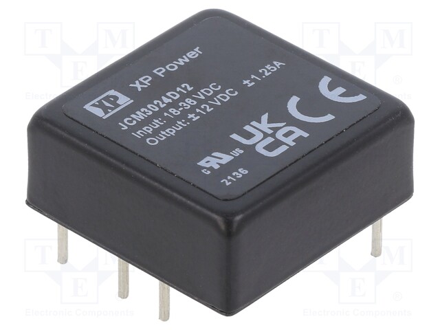 Isolated Board Mount DC/DC Converter, ITE, 2 Output, 30 W, 12 V, 1.25 A, -12 V