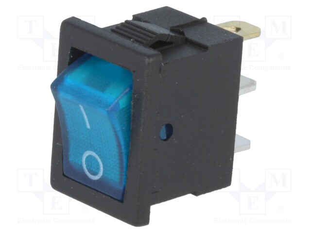 ROCKER; SPST; Pos: 2; OFF-ON; 3A/250VAC; blue; neon lamp; 35mΩ