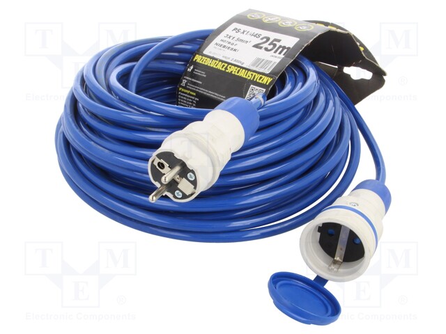 Extension lead; Sockets: 1; PUR; blue; 3x1,5mm2; 25m; 16A