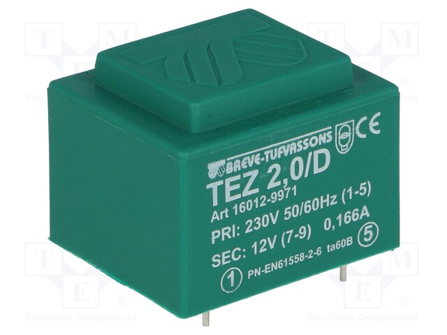 Transformer: encapsulated; 2VA; 230VAC; 12V; 166.6mA; Mounting: PCB