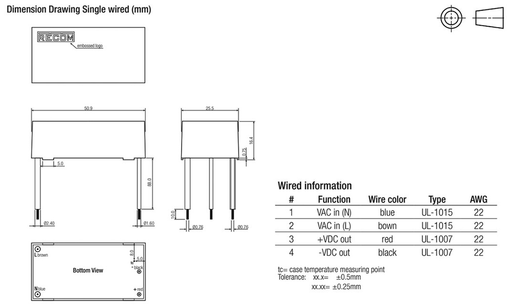 Converter: AC/DC; 5W; Uout: 24VDC; Iout: 210mA; 77%; Mounting: cables