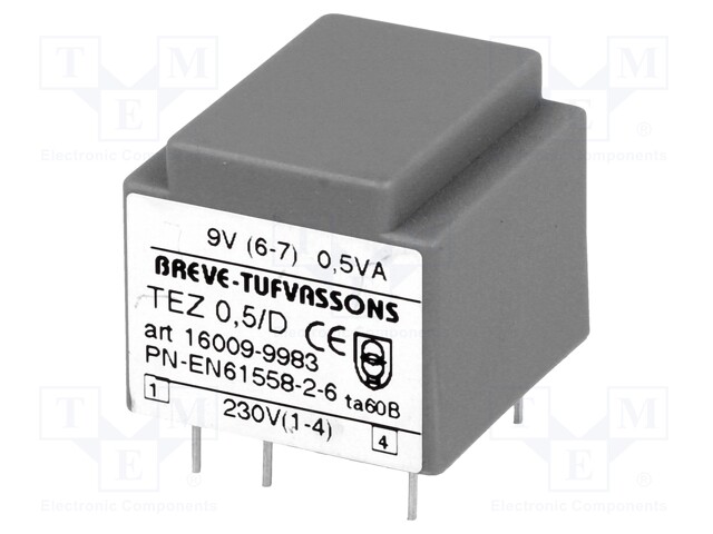 Transformer: encapsulated; 0.5VA; 230VAC; 9V; 55.5mA; Mounting: PCB