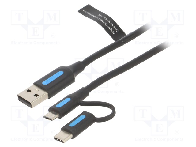 Cable; USB 2.0; USB A plug,USB B micro plug,USB C plug; 1.5m