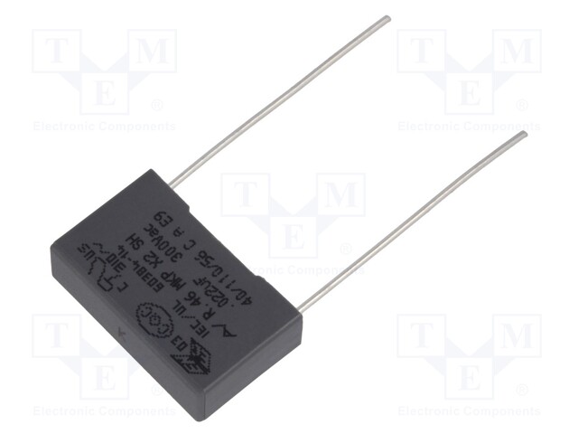 Capacitor: polypropylene; X2; 22nF; 15mm; ±10%; 18x5x11mm; 310VAC