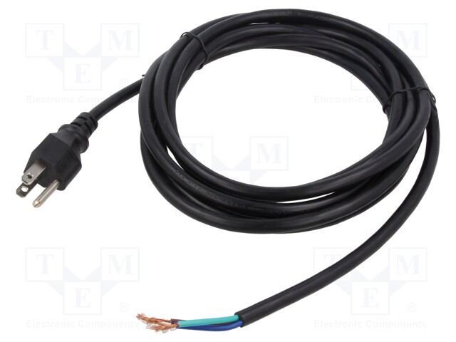 Cable; NEMA 5-15 (B) plug,wires; PVC; 3.7m; black; 3x18AWG; 10A