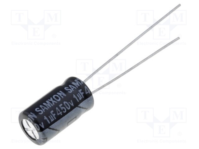 Capacitor: electrolytic; THT; 1uF; 450VDC; Ø6.3x11mm; Pitch: 2.5mm