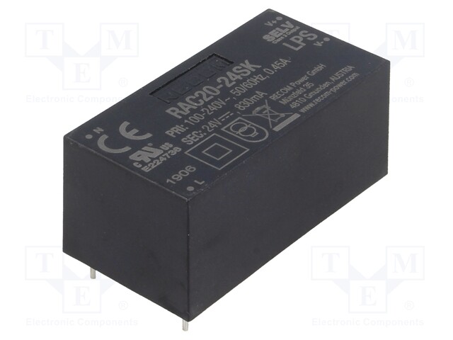Converter: AC/DC; 20W; Uout: 24VDC; Iout: 840mA; 85%; Mounting: PCB