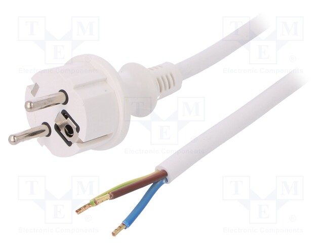 Cable; SCHUKO plug,CEE 7/7 (E/F) plug,wires; 3m; white; PVC; 16A