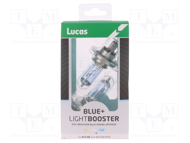 Filament lamp: automotive; P43t; white-blue; 12V; 60/55W; H4