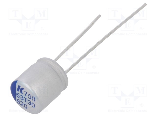 Polymer Aluminium Electrolytic Capacitor, 820 µF, 6.3 V, Radial Leaded, A750 Series, 0.016 ohm