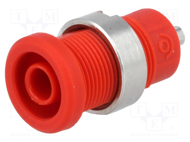 Socket; 4mm banana; 25A; 1kV; red; nickel plated; on panel,screw