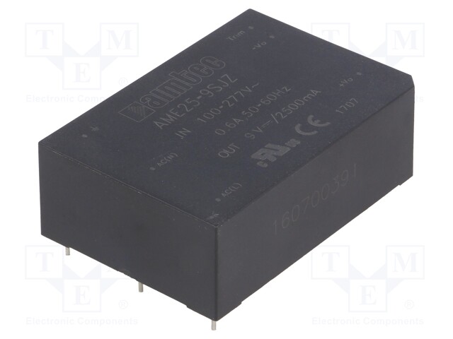 Converter: AC/DC; 25W; Uout: 9VDC; Iout: 2.5A; 78%; Mounting: PCB