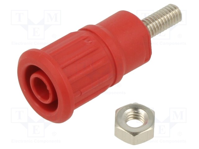 Socket; 4mm banana; 32A; 1kV; red; nickel plated; on panel