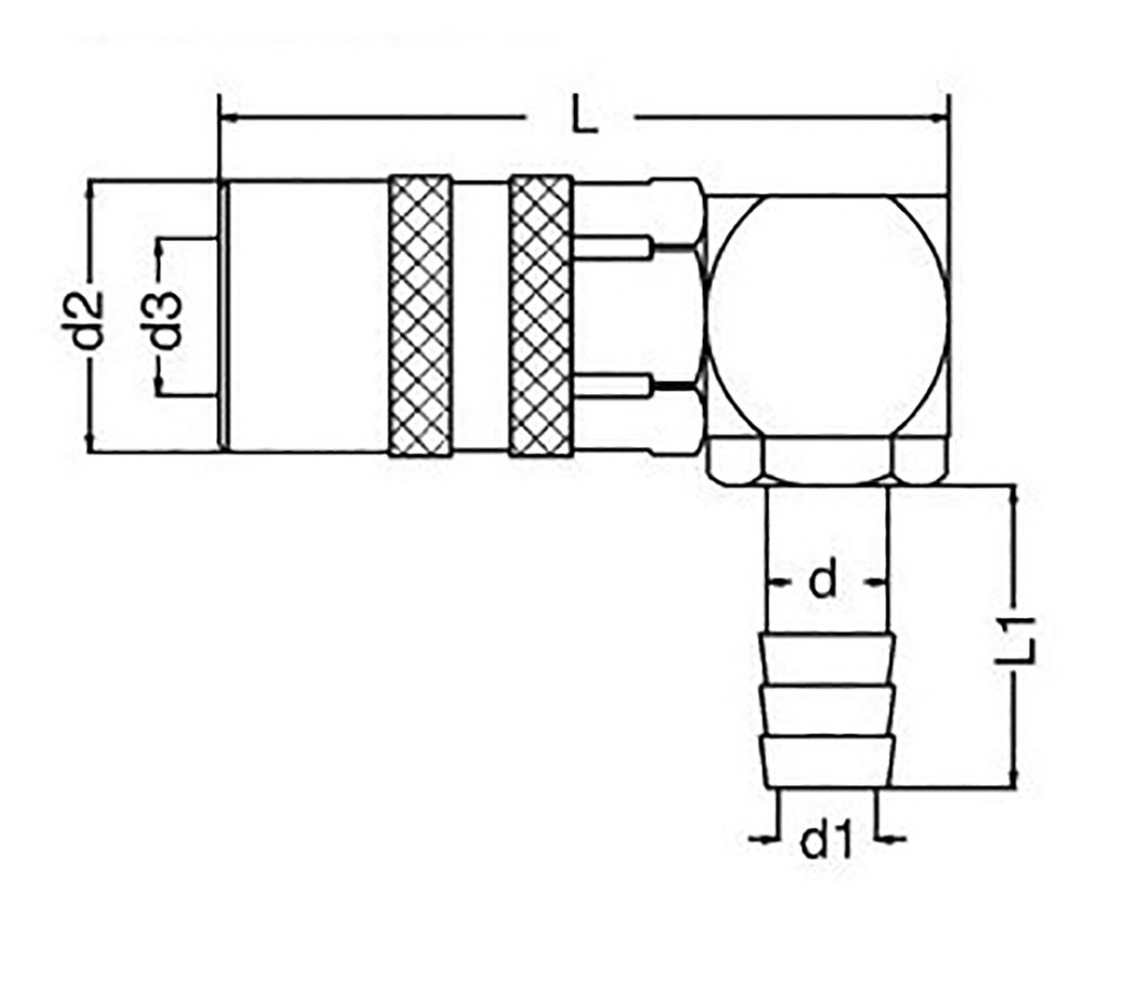 Quick connection coupling; angled 90°,with valve; 15bar; L: 52mm