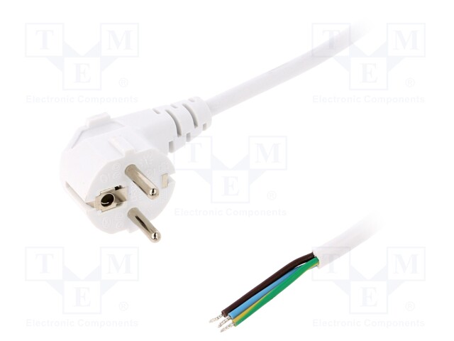 Cable; CEE 7/7 (E/F) plug angled,wires; 1.8m; white; PVC; 3x1mm2