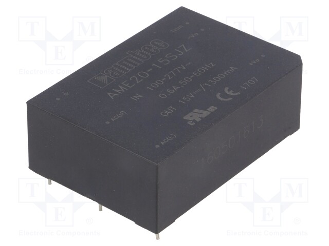 Converter: AC/DC; 20W; Uout: 15VDC; Iout: 1.3A; 84%; Mounting: PCB