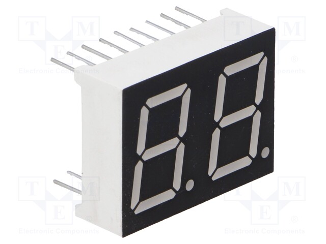 Display: LED; 7-segment; 14.22mm; 0.56"; No.char: 2; green; 6mcd