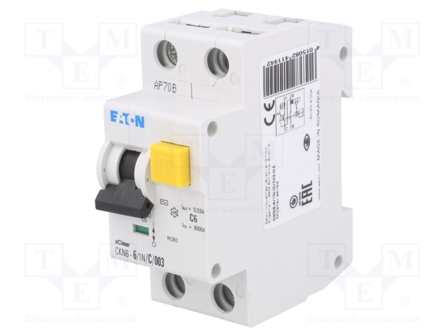 RCBO breaker; Inom: 6A; Ires: 30mA; Max surge current: 250A; 230V