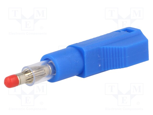 Plug; 4mm banana; 32A; blue; insulated,with 4mm axial socket