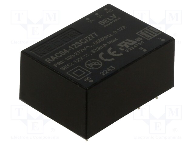 Converter: AC/DC; 4W; Uout: 12VDC; Iout: 333mA; 78%; Mounting: PCB