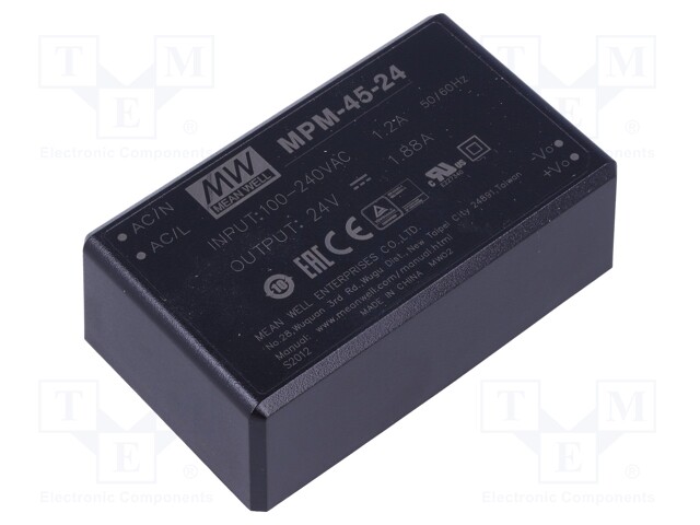 Power supply: switched-mode; modular; 45W; 24VDC; 87x52x29.5mm