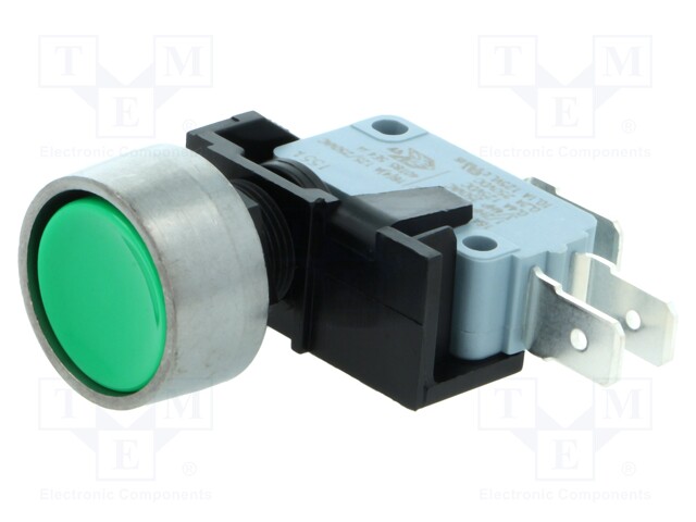 Switch: push-button; Pos: 2; SPDT; 16A/250VAC; green; Illumin: none
