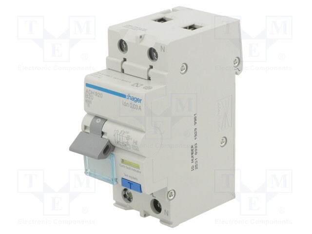 RCBO breaker; Inom: 20A; Ires: 30mA; Max surge current: 250A; DIN