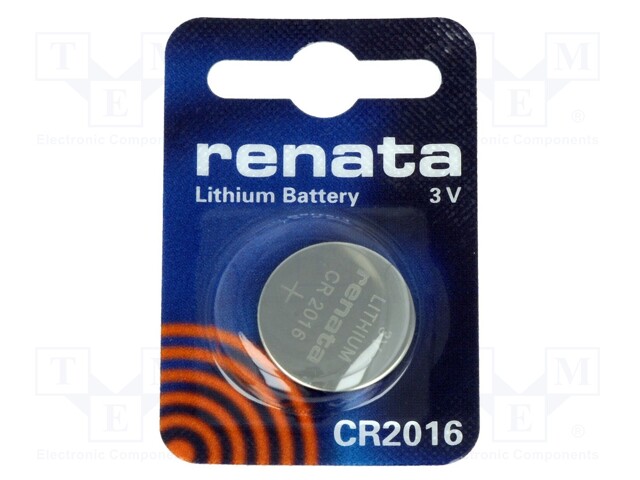 Battery: lithium; 3V; CR2016,coin; Batt.no: 1; Ø20x1.6mm; 90mAh