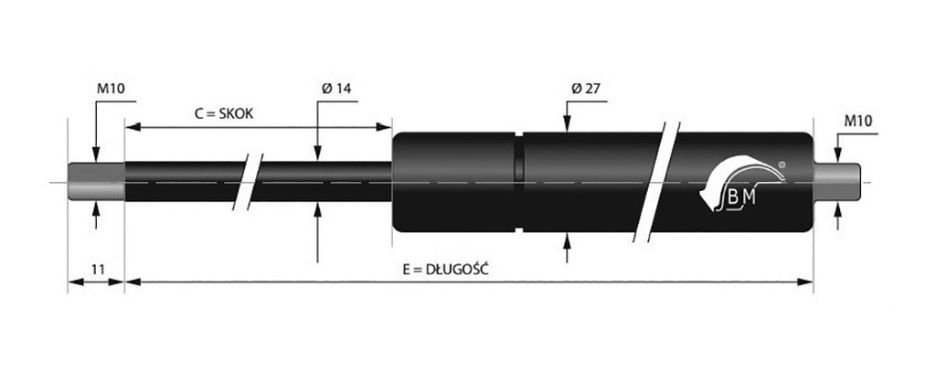 Gas spring; Thread: M10; E: 1855mm; Øout: 27mm; Piston diam: 14mm