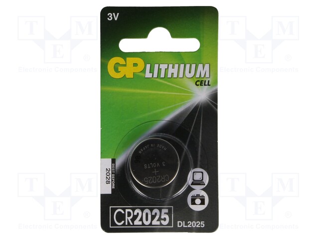 Battery: lithium; 3V; CR2025,coin; Batt.no: 1; Ø20x2.5mm; 160mAh
