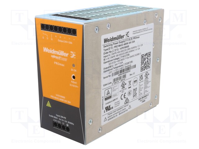 Power supply: switched-mode; 480W; 24VDC; 20A; 3x320÷575VAC; 1.6kg